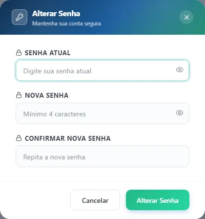 Janela Alterar Senha com os campos Senha atual, Nova senha e Confirmar nova senha