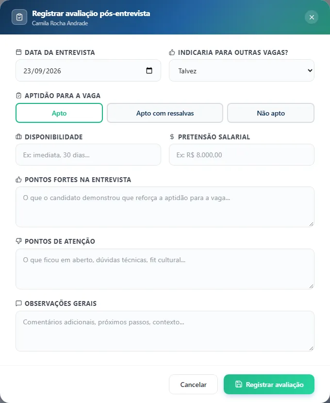 Janela Registrar avaliação pós-entrevista com todos os campos