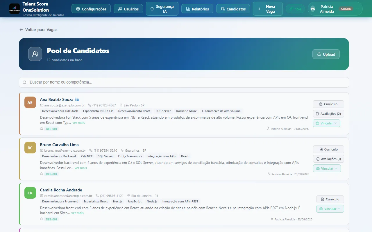 Banco de talentos (Pool de Candidatos) com os cartões dos candidatos