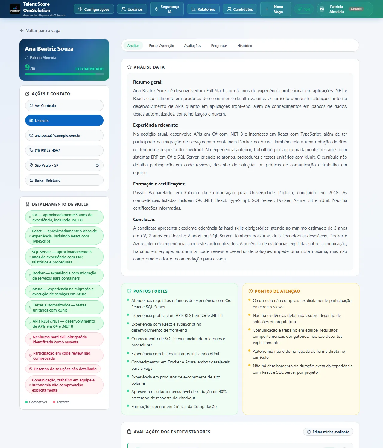 Ficha do candidato com nota, ações, skills, análise da IA, pontos fortes e pontos de atenção