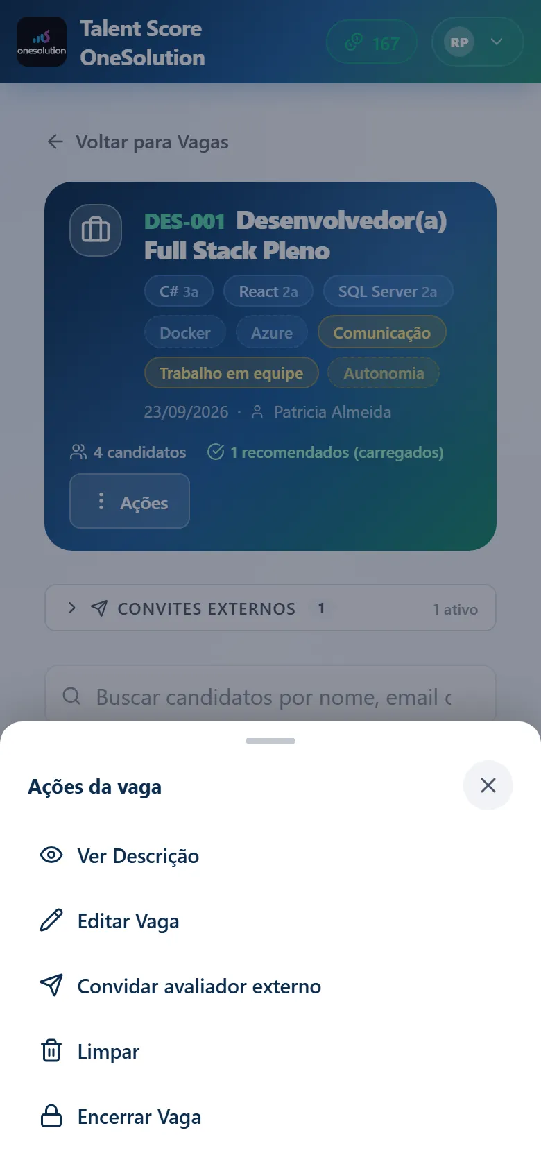 Lista Ações da vaga no celular: Ver Descrição, Editar Vaga, Convidar avaliador externo, Limpar e Encerrar Vaga