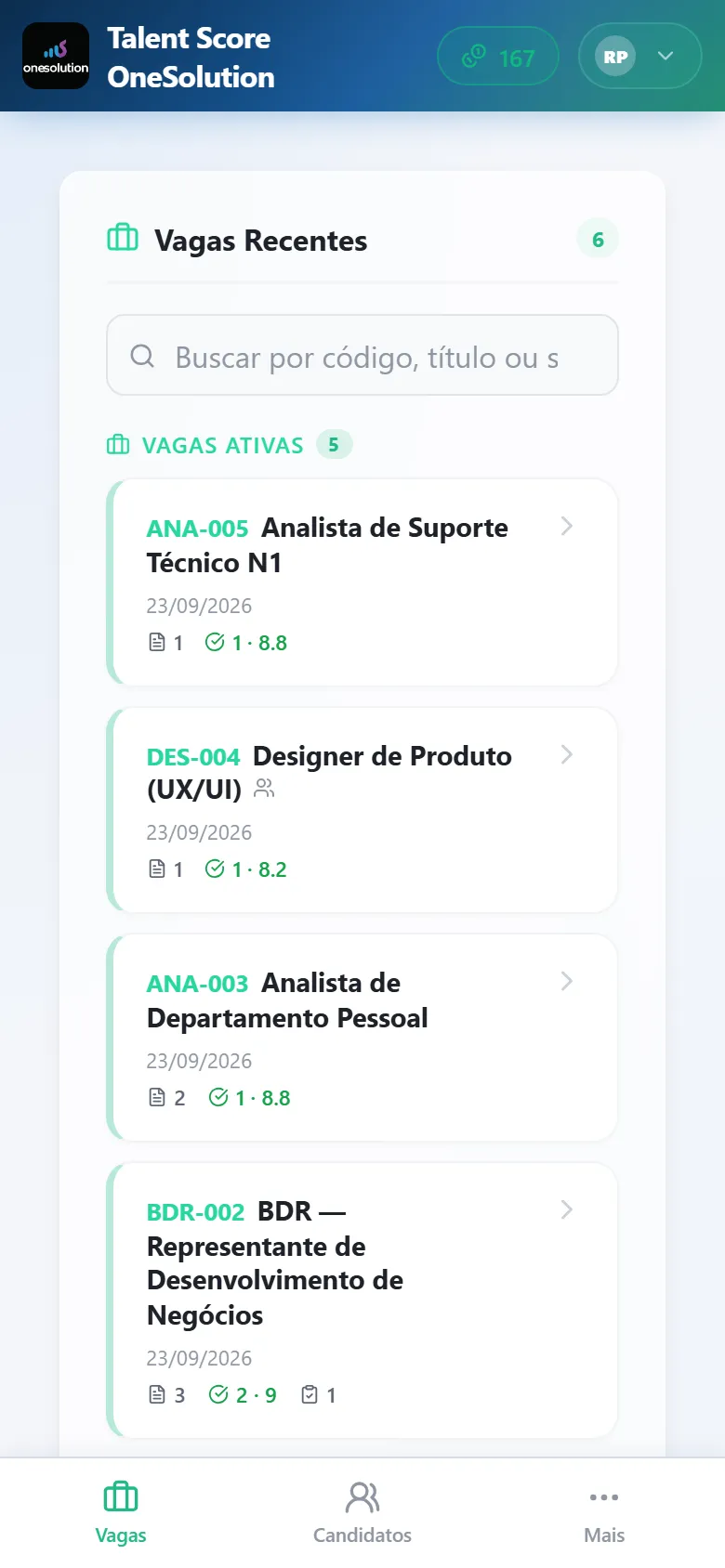 Tela inicial no celular, com a barra Vagas, Candidatos e Mais embaixo