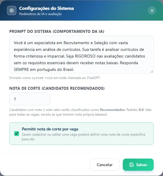 Janela Configurações do Sistema: prompt, nota de corte e Permitir nota de corte por vaga