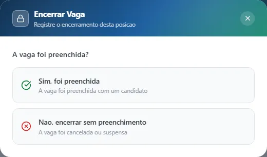 Encerrar Vaga: Sim, foi preenchida ou Nao, encerrar sem preenchimento