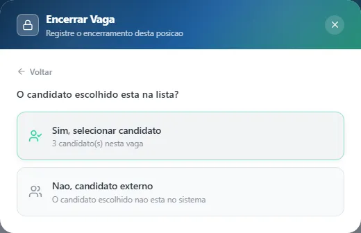 Encerrar Vaga: Sim, selecionar candidato ou Nao, candidato externo