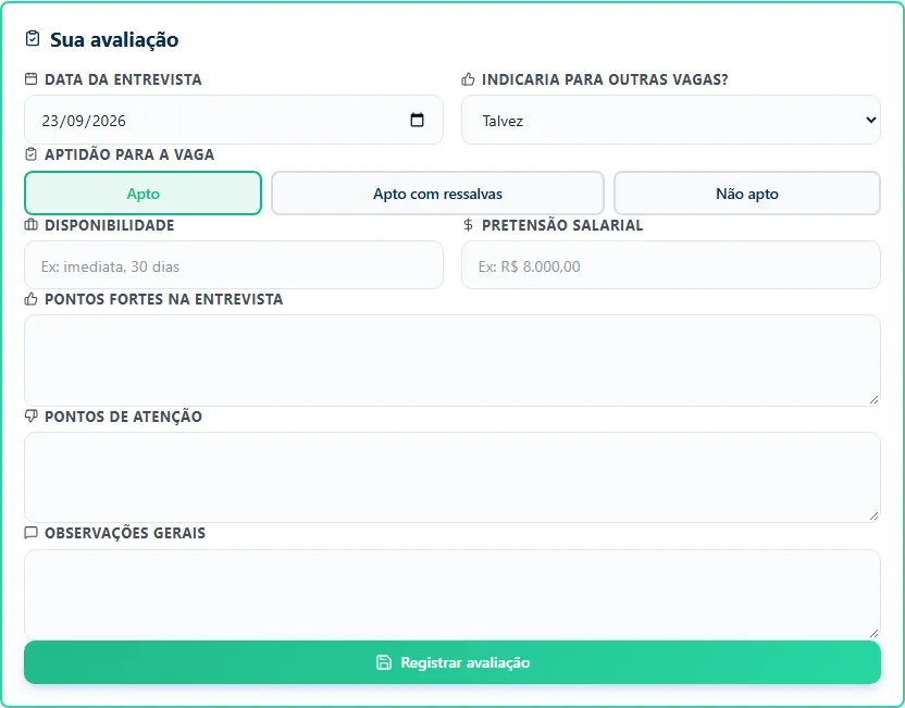 Formulário Sua avaliação na página do avaliador externo