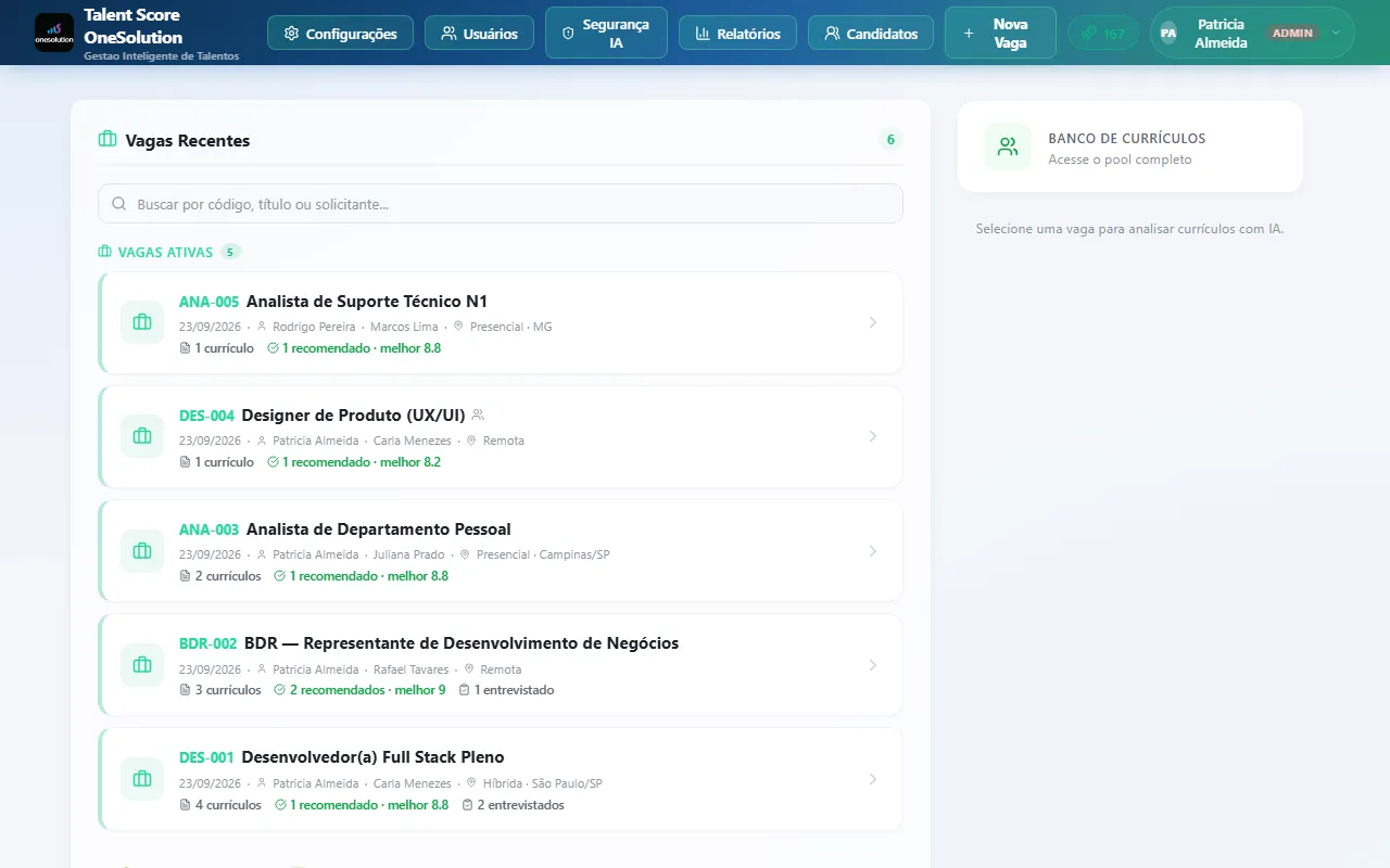 Tela inicial com a lista Vagas Recentes e o card Banco de Currículos