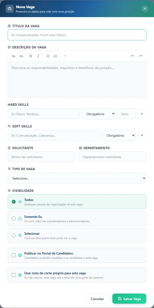 Janela Nova Vaga com título, descrição, skills, solicitante, visibilidade e portal