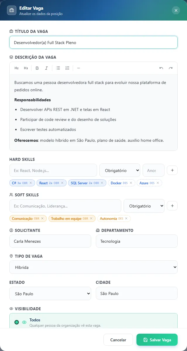 Janela Editar Vaga com os campos já preenchidos
